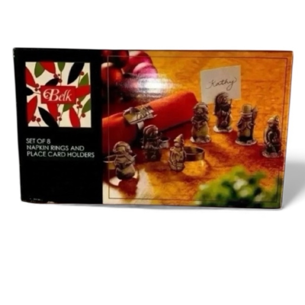 BELK CHRISTMAS NAPKIN & PLACECARD HOLDERS Vintage-New in Box Set of 8 Pewter